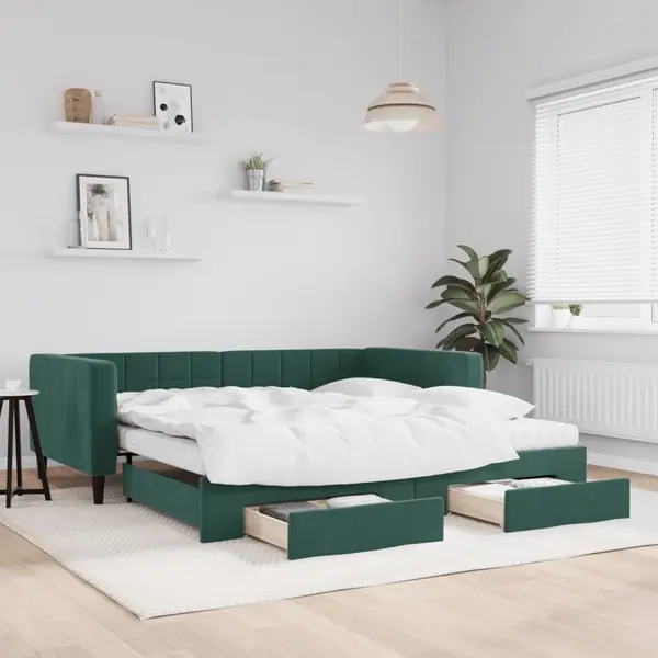 Gossi pat de zi cu extensie si sertare verde inchis 100x200cm catifea