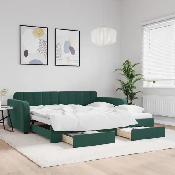 Gossi pat de zi cu extensie si sertare verde inchis 100x200cm catifea
