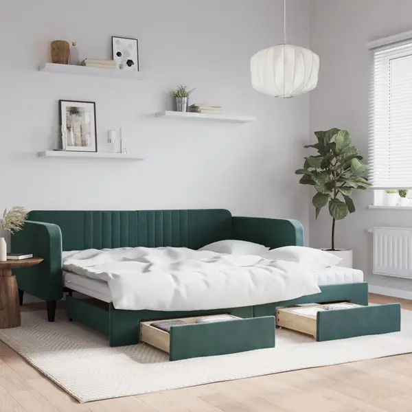 Gossi pat de zi cu extensie si sertare verde inchis 100x200cm catifea