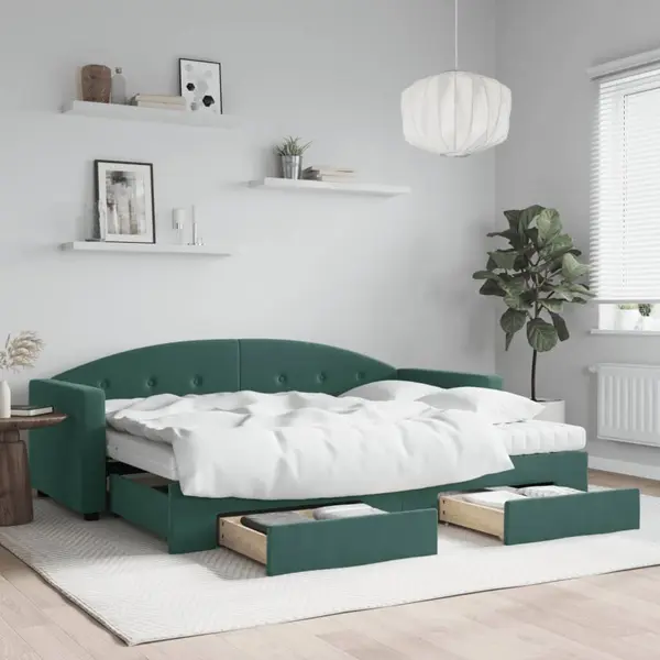 Gossi pat de zi cu extensie si sertare verde inchis 80x200 cm catifea