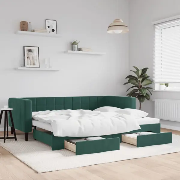 Gossi pat de zi cu extensie si sertare verde inchis 80x200 cm catifea