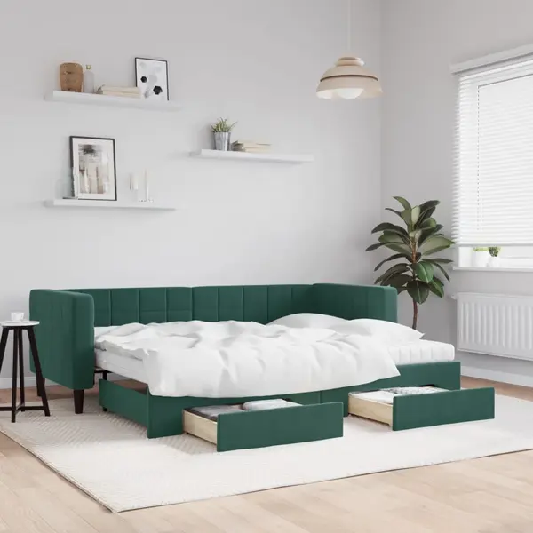 Gossi pat de zi cu extensie si sertare verde inchis 80x200 cm catifea