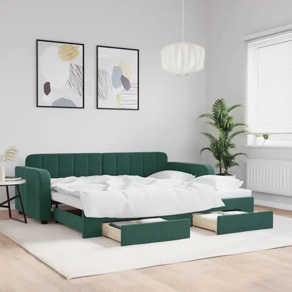 Gossi pat de zi cu extensie si sertare verde inchis 90x200 cm catifea