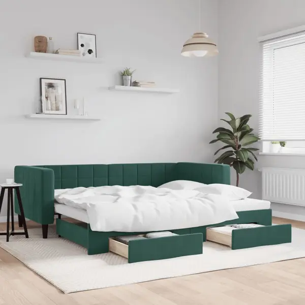 Gossi pat de zi cu extensie si sertare verde inchis 90x200 cm catifea