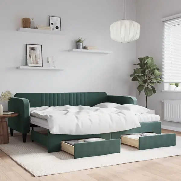 Gossi pat de zi cu extensie si sertare verde inchis 90x200 cm catifea