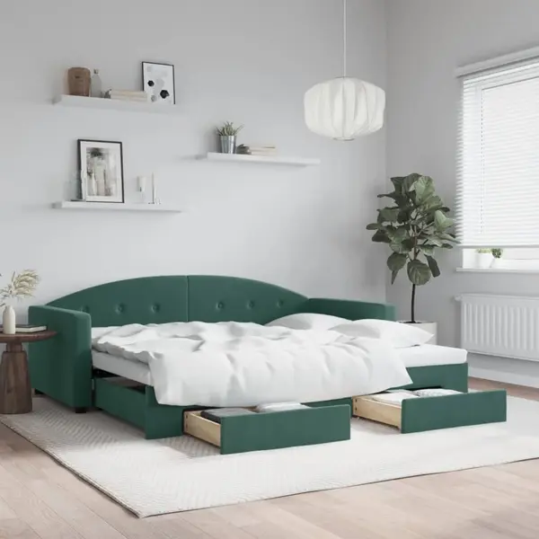 Gossi pat de zi cu extensie si sertare verde inchis 90x200 cm catifea