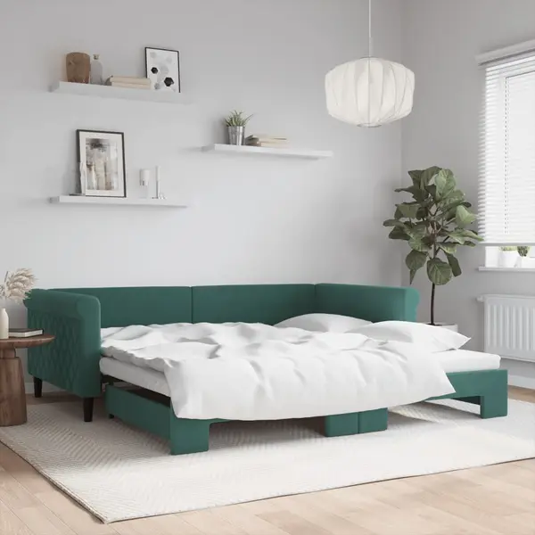 Gossi pat de zi cu extensie, verde inchis, 100x200 cm, catifea