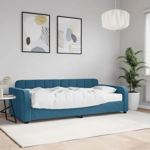 Gossi pat de zi cu saltea, albastru, 90x200 cm, catifea