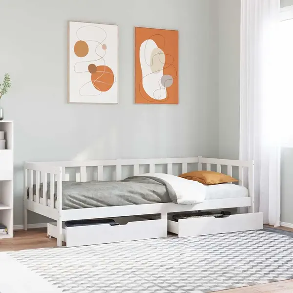 Gossi pat de zi cu sertare, alb, 80x200 cm, lemn masiv pin