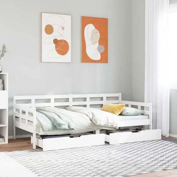 Gossi pat de zi cu sertare, alb, 90x190 cm, lemn masiv pin