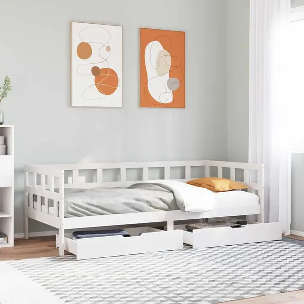 Gossi pat de zi cu sertare, alb, 90x190 cm, lemn masiv pin