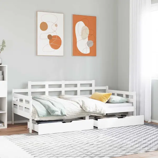 Gossi pat de zi cu sertare, alb, 90x190 cm, lemn masiv pin