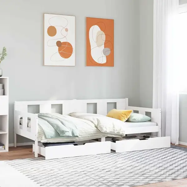Gossi pat de zi cu sertare, alb, 90x200 cm, lemn masiv pin