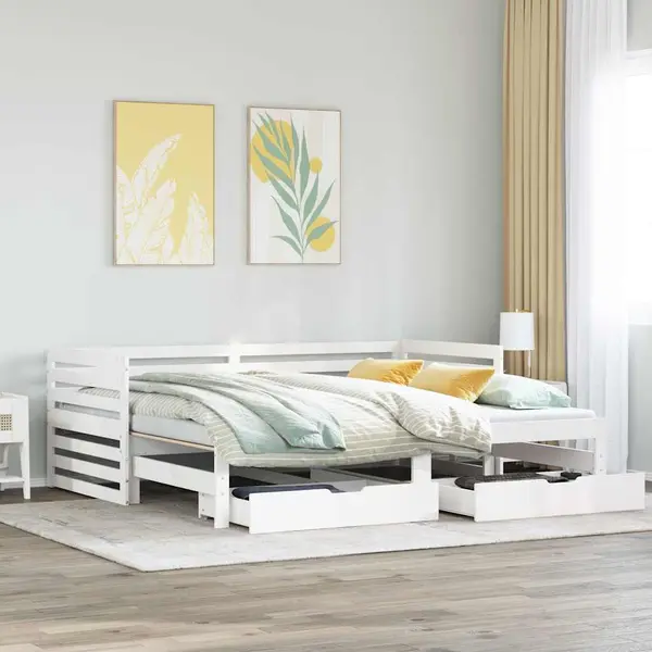 Gossi pat de zi cu sertare, alb, 90x200 cm, lemn masiv pin