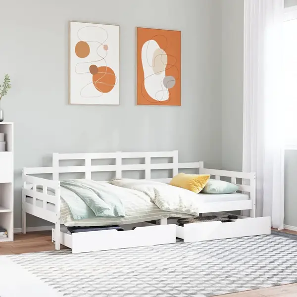Gossi pat de zi cu sertare, alb, 90x200 cm, lemn masiv pin