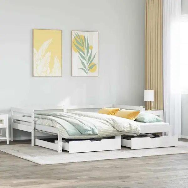 Gossi pat de zi cu sertare, alb, 90x200 cm, lemn masiv pin