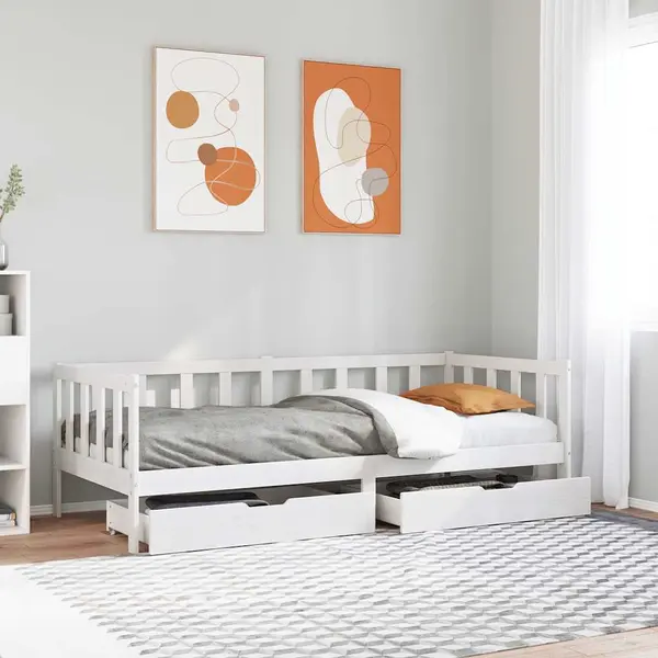 Gossi pat de zi cu sertare, alb, 90x200 cm, lemn masiv pin