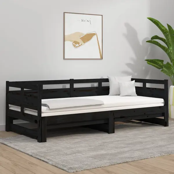 Gossi pat de zi extensibil, negru, 2x(80x200) cm, lemn masiv de pin