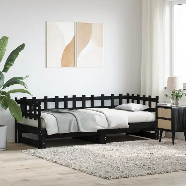 Gossi pat de zi extensibil, negru, 2x(90x190) cm, lemn masiv de pin