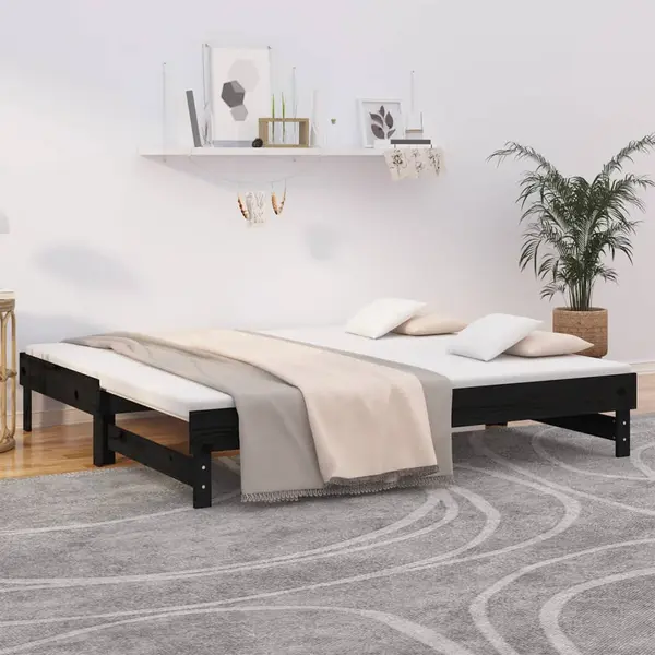 Gossi pat de zi extensibil, negru, 2x(90x190) cm, lemn masiv de pin