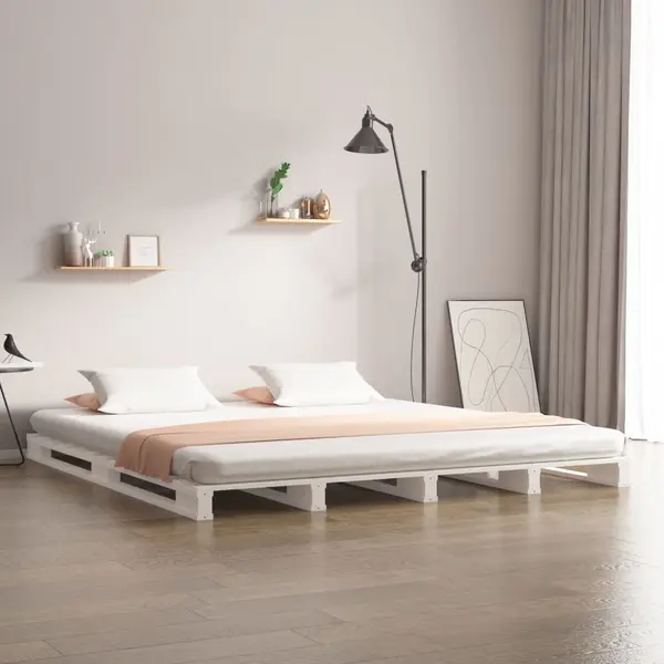 Gossi pat din paleti super king, alb, 180x200 cm, lemn masiv pin