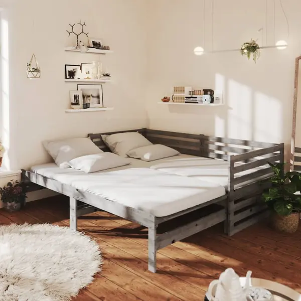 Gossi pat extensibil de zi, 2x(90x200) cm, gri, lemn masiv de pin