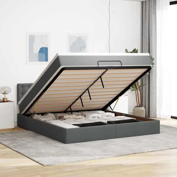 Gossi pat otoman cu saltea si led-uri, gri inchis, 180x200cm, textil