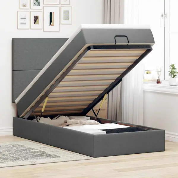 Gossi pat otoman cu saltea si led-uri, gri inchis, 80x200cm, textil