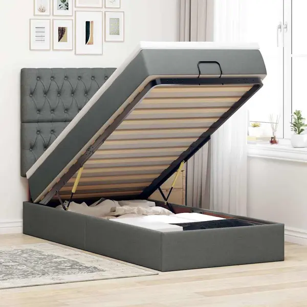 Gossi pat otoman cu saltea si led-uri, gri inchis, 90x200 cm, textil