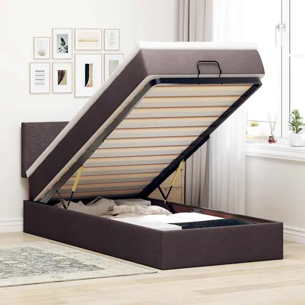Gossi pat otoman cu saltea si led-uri, maro inchis, 90x200 cm, textil