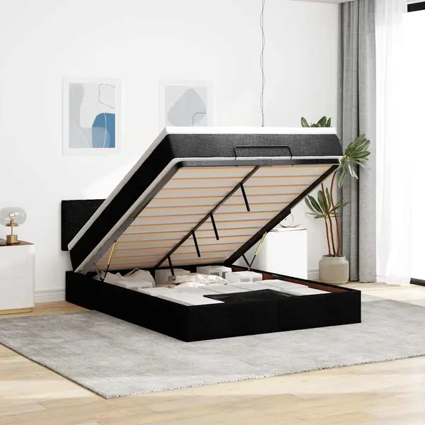 Gossi pat otoman cu saltea si led-uri negru 140x200 cm tesatura