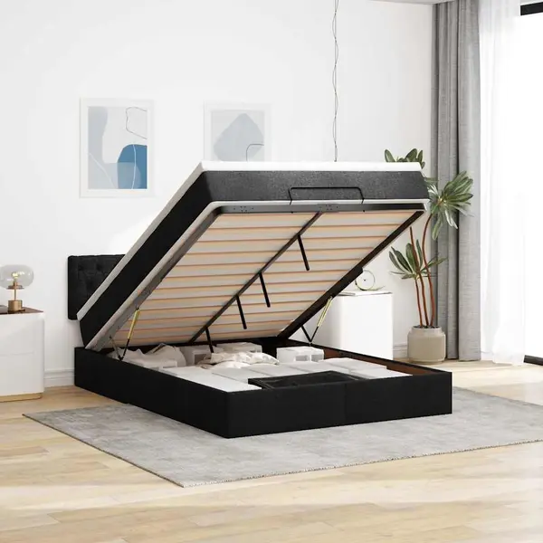 Gossi pat otoman cu saltea si led-uri negru 140x200 cm tesatura