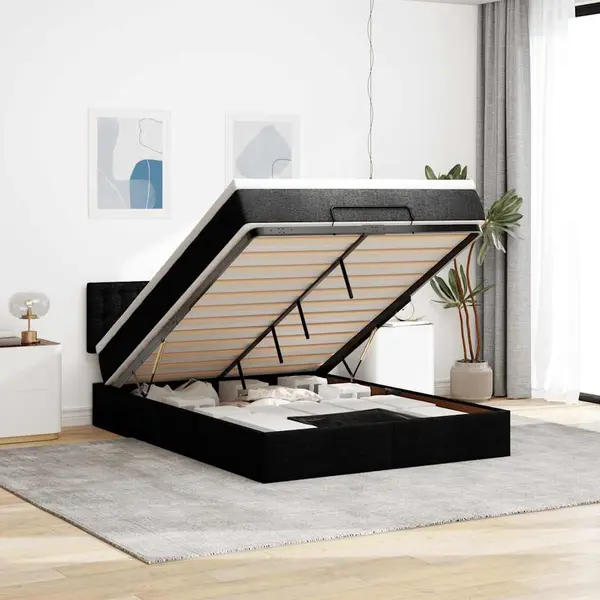Gossi pat otoman cu saltea si led-uri negru 140x200 cm tesatura