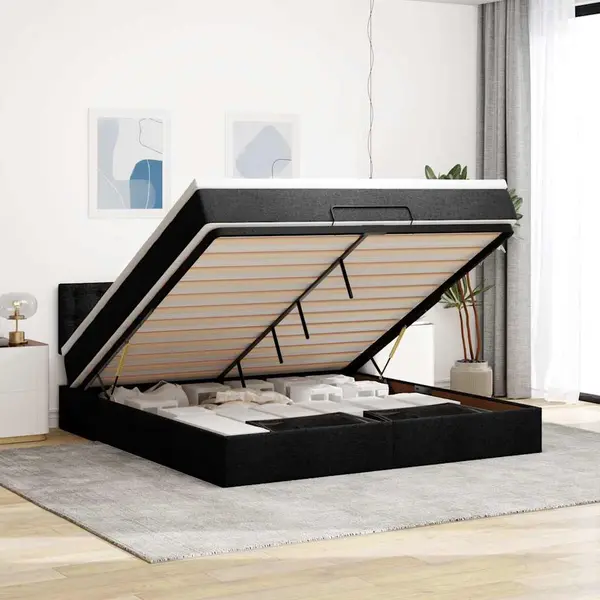 Gossi pat otoman cu saltea si led-uri, negru, 180x200cm, textil