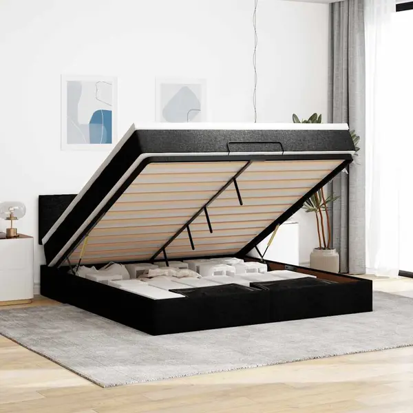 Gossi pat otoman cu saltea si led-uri, negru, 180x200cm, textil