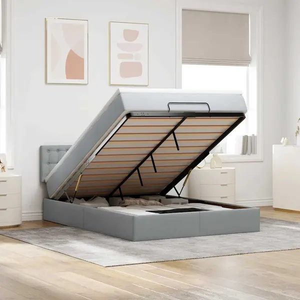 Gossi pat otoman cu saltea si led-uri tesatura gri deschis 140x190 cm