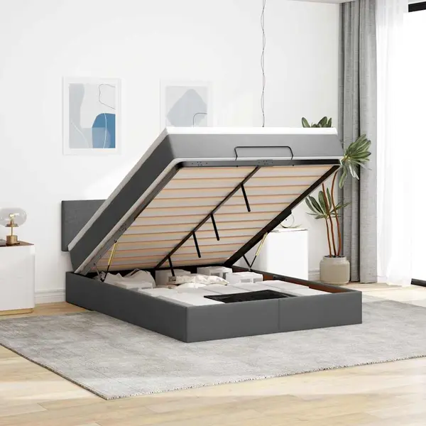 Gossi pat otoman cu saltea si led-uri tesatura gri inchis 140x190 cm