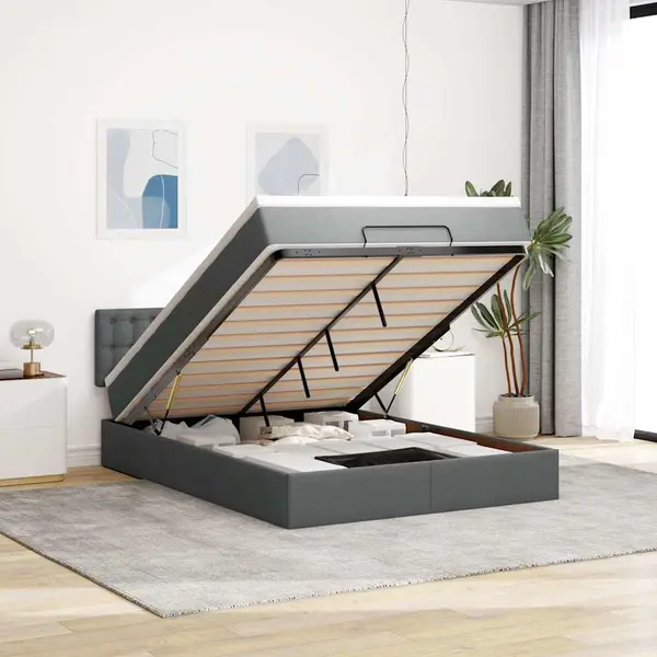 Gossi pat otoman cu saltea si led-uri tesatura gri inchis 140x200 cm
