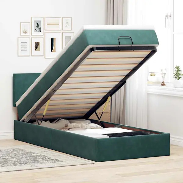 Gossi pat otoman cu saltea si led-uri, verde inchis, 90x200cm catifea