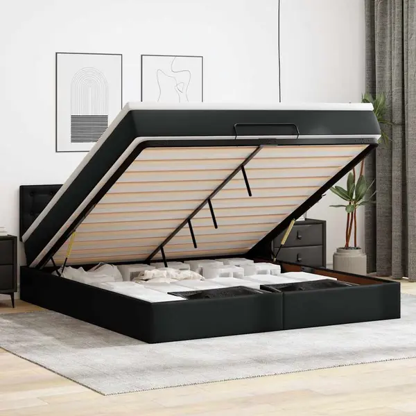 Gossi pat otoman cu saltele si leds, negru 160x200cm, piele ecologica