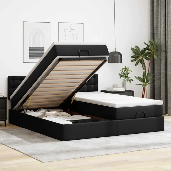 Gossi pat otoman cu saltele si leds, negru 180x200cm, piele ecologica