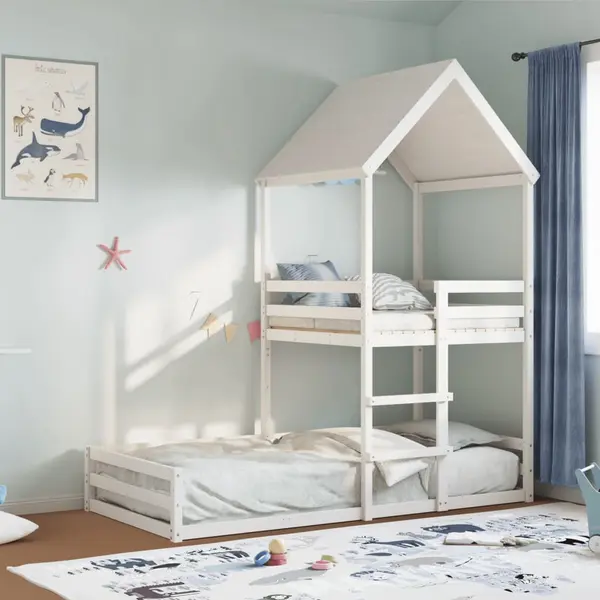 Gossi pat supraetajat cu acoperis, alb, 90x200 cm, lemn masiv de pin