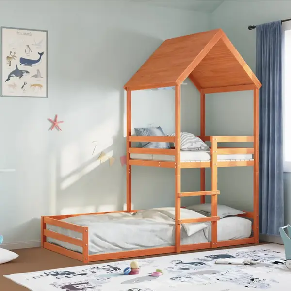 Gossi pat supraetajat cu acoperis maro ceruit 80x200cm lemn masiv pin