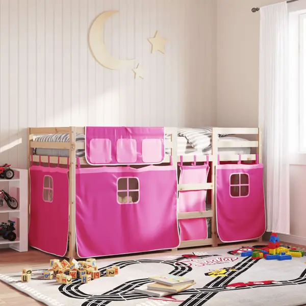 Gossi pat supraetajat cu perdele, roz, 90x200 cm, lemn masiv pin