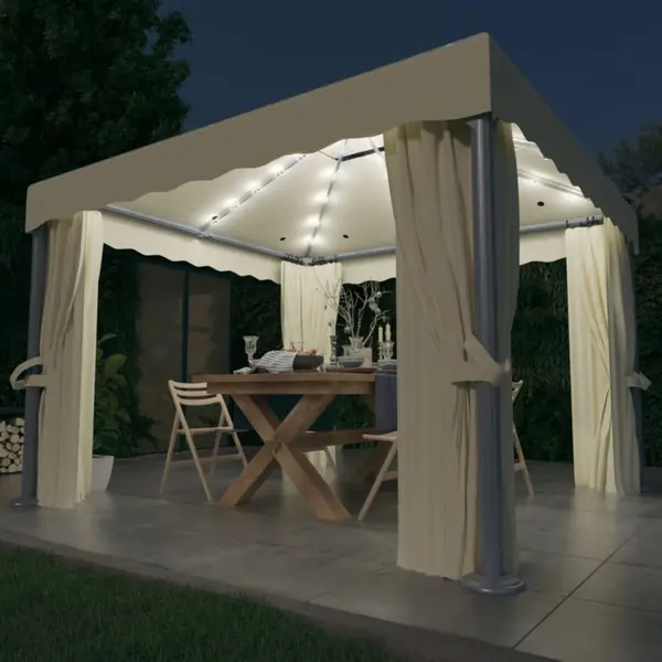 Gossi pavilion cu perdele & siruri lumini led, alb crem, 3x3 m