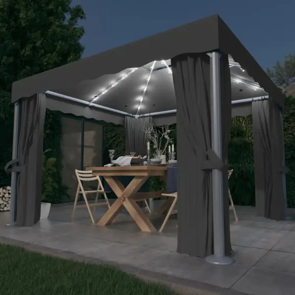 Gossi pavilion cu perdele & siruri lumini led, antracit, 3x3 m