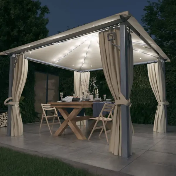 Gossi pavilion cu perdele & siruri lumini led, crem, 3x3 m, aluminiu