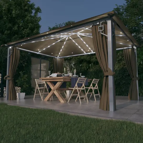 Gossi pavilion cu perdele&siruri lumini led gri taupe 4x3m aluminiu