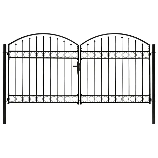 Gossi poarta de gard dubla cu varf in arcada, negru, 300x125 cm, otel