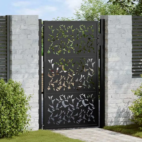Gossi poarta de gradina neagra 105x155 cm design cu frunze de otel